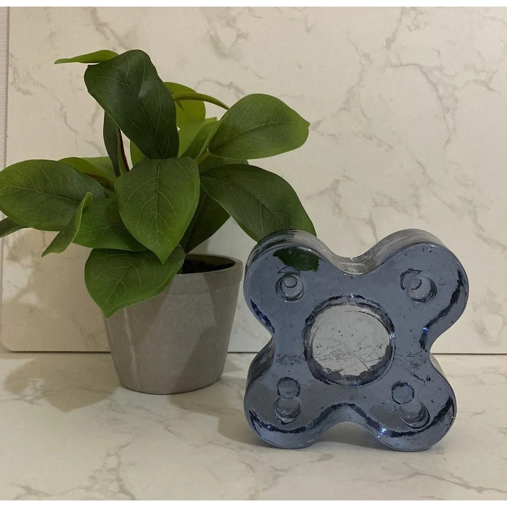 Blue Art Glass 4 Petal Shaped Tea Light Candle Holder Geometric Modern Decor